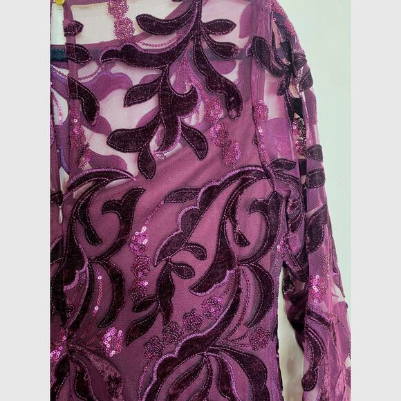 Donna Ricco Dress Sheath Velvet Embroidered Sequin Mesh Wine Size 8 Bordeaux - Picture 4 of 9